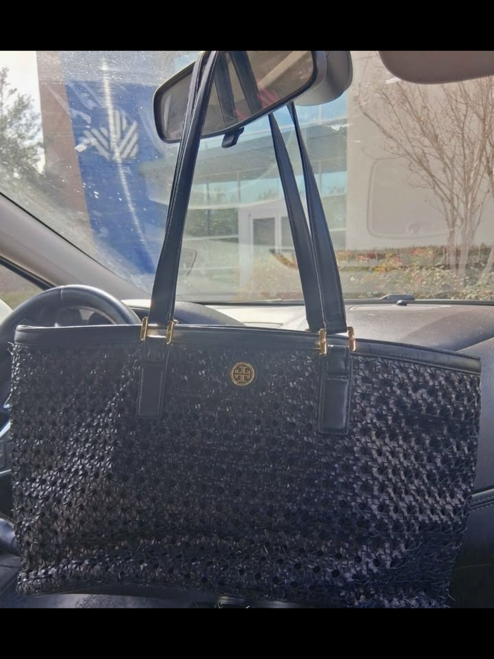 Tory Burch Black Woven Leather Tote with Gold Logo